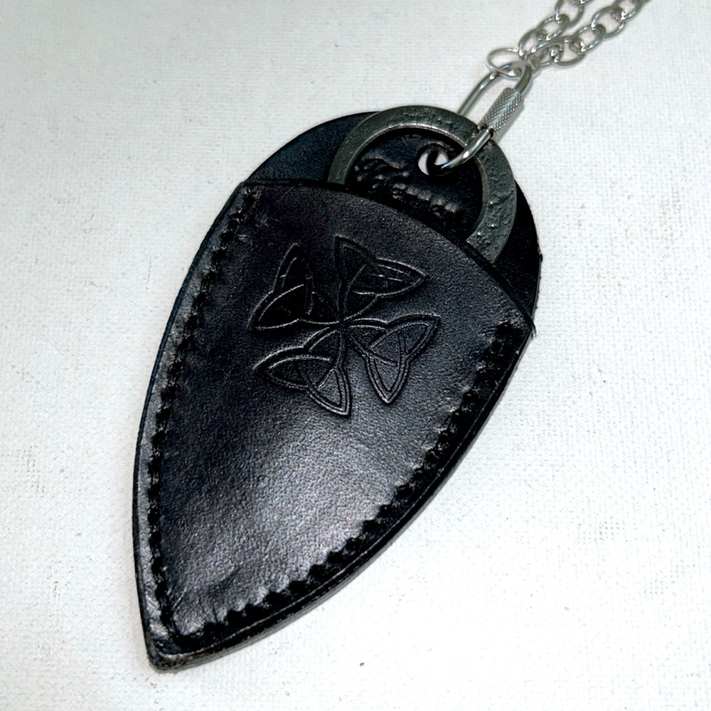 Hand Forged Celtic Cross Knife Black Leather Holder Stainless Steel Necklace - Picture 2 of 10